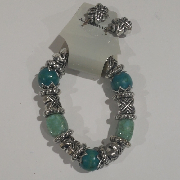 Elegant Silver tone & Turquoise Beads Bracelet and Earring Set - Women's Jewelry - Picture 1 of 6